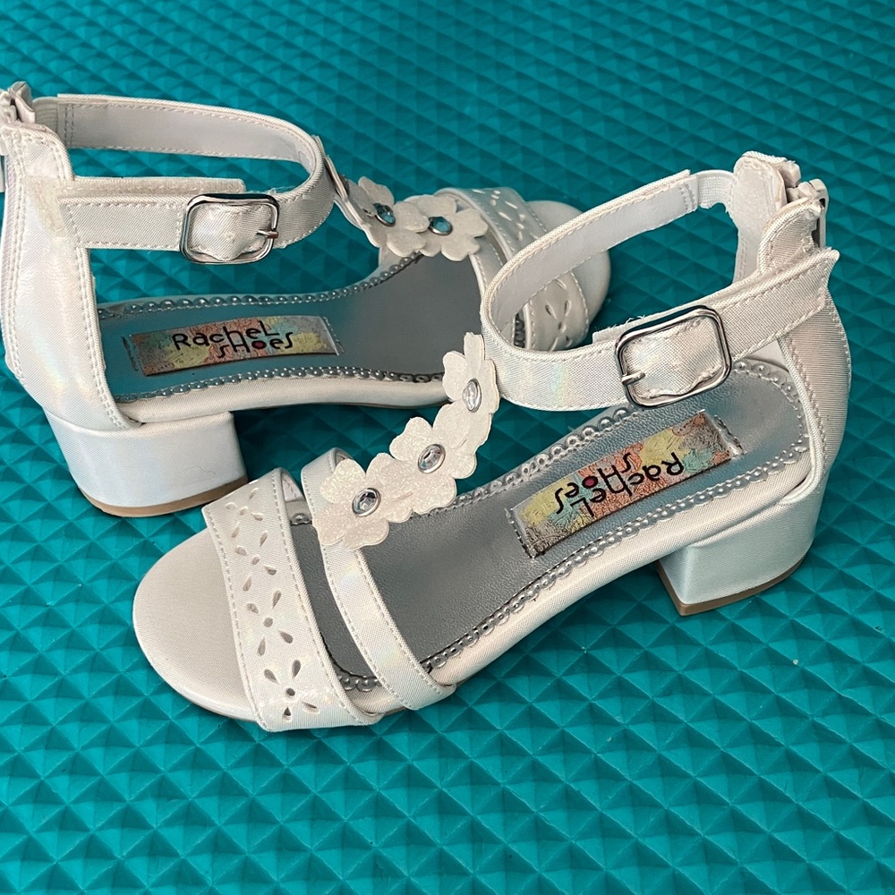Rachel Shoes Carlee Ankle Strap Flower White Sandal Heels | 12